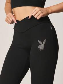 Missguided x Playboy Rhinestone Bunny Logo High Rise Full Length Stretchy Fitted Leggings For Women - Black - View 4