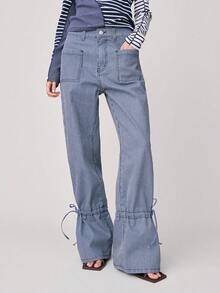 Nöista High-Waisted Pinstriped Pants With Large Front Patch Pockets, Belt Loops, And Button Closure. Unique Gathered Hems With Ties Create A Flared, Ruffled Silhouette, For Spring And Summer. - Blue - View 4