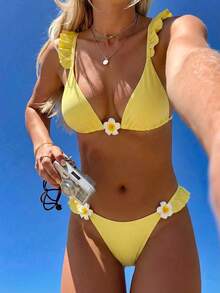 Swim Mod 新款黄色花卉荷叶边性感比基尼套装 - 黃色 - 查看 2