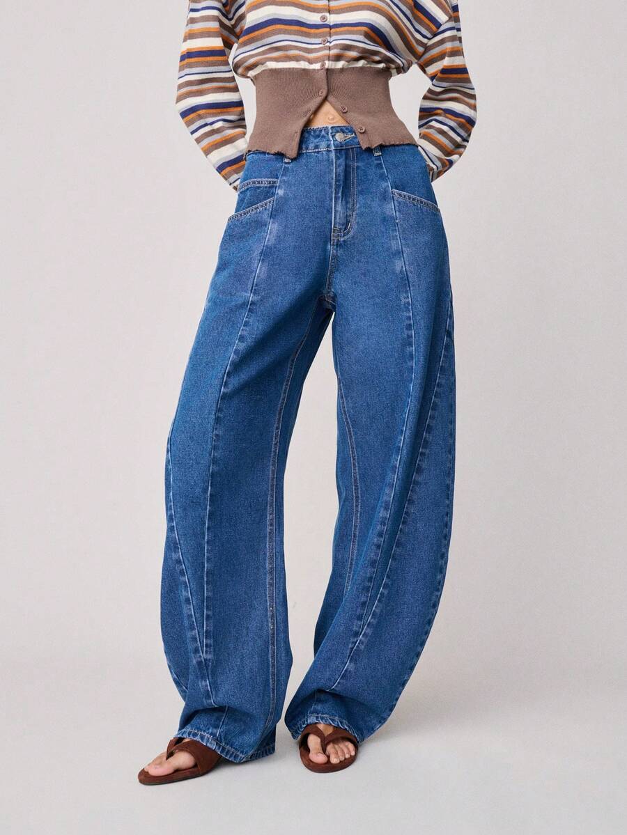 Nöista High-Waisted Barrel Denim Jeans Feature A Wide-Leg With Unique Diagonal Seam. Five Pockets. Spring, Summer, Woman. - Blue - View 1