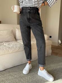 SHEIN Quần jeans bầu màu trơn, cạp hai lớp, có túi, kiểu dáng thường ngày, đa năng, thích hợp cho mùa xuân, Giáng sinh, Năm mới, Lễ Tạ ơn, đi làm, nghỉ mát, tốt nghiệp, phong cách Y2K, dễ thương, thời trang đường phố, dự tiệc, đám cưới, thanh lịch, công sở, thường ngày. - màu đen - Xem 8