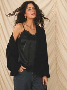 Aralina Elegant Beige Satin Lace Trim Spaghetti Strap Slim Fit Chic Vacation Outfits Women Cami Top Black Top Black Satin Cami Top Satin With Lace Trim Top Cute Going Out Top For Women Party Top - Black - View 7