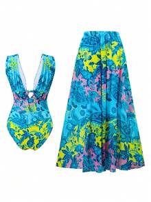 Swim Oasis 1pc Deep V-Neck Blue Floral Print Mesh Maxi Dress, High-End Outfit - Multicolor - View 4