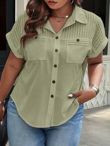 Breezaya Plus Size Solid Color Patch Pocket Front Button Casual Short Sleeve Shirt - Mint Green - View 1