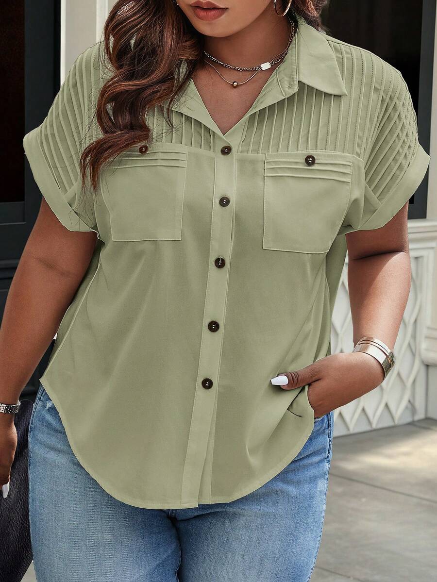 Breezaya Plus Size Solid Color Patch Pocket Front Button Casual Short Sleeve Shirt - Mint Green - View 1