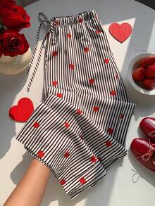 SHEIN EZwear Heart-Print Brown Striped Pants, Suitable For Winter, Valentine's Day, Christmas, And New Year; Heart-Print Woven Women's Drawstring Wide-Leg Pants; Brown Pants; Polka Dot Pants; Brown Striped Heart-Print Pants; Autumn; Women's Autumn Wear; Women's Winter Wear. - Multicolor - View 5