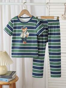Set de pijama de 2 piezas con parte superior de manga corta con estampado de oso a rayas y pantalón largo para niño pequeño, de tela de punto, estilo casual y lindo, cómodo y suave - Verde - View 1