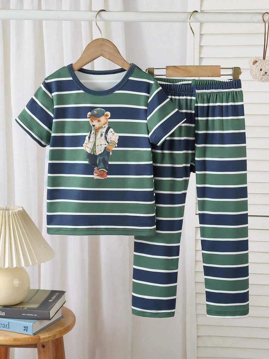 Set de pijama de 2 piezas con parte superior de manga corta con estampado de oso a rayas y pantalón largo para niño pequeño, de tela de punto, estilo casual y lindo, cómodo y suave - Verde - View 1