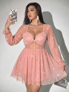 Viva Relle 大码女士性感V领长袖A字迷你紧身连衣裙，适合派对穿着 - 淺粉色 - 查看 1