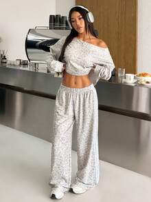 SHEIN EZwear Women's Elastic Waist Casual Versatile Commuting Wide Leg Sweatpants Cheetah Print Bottoms - Multicolor - View 4