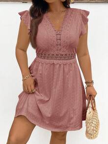 SHEIN Frenchy Đầm cưới mùa hè phối ren chắp vá cỡ lớn dành cho nữ, đầm dự tiệc màu trắng dáng chữ A tay bồng. - Hồng - Xem 5