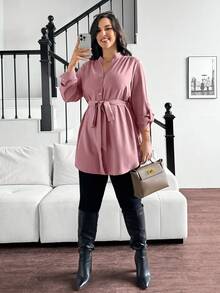SHEIN Essnce 大码女式秋冬宽松长袖红色长衬衫，V领，适合工作、教师、返校、办公室穿着、春季上衣 - 藕粉色 - 查看 5