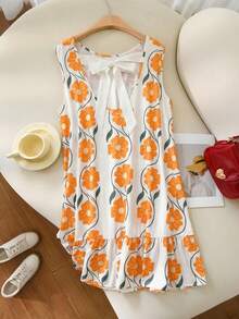 SHEIN Frenchy Plus Size Floral Print Backless Tie-Front Sleeveless Dress - Orange - View 6