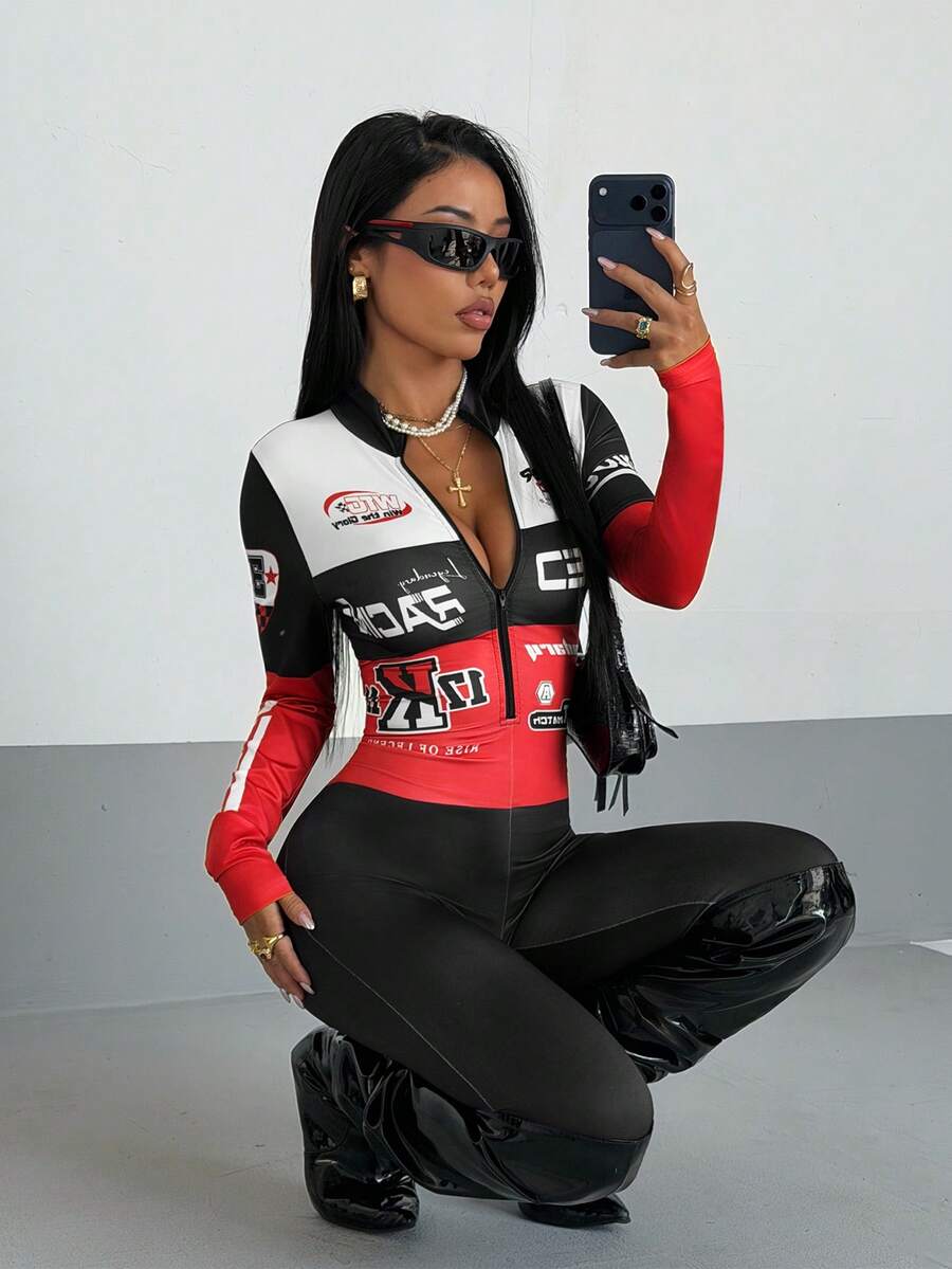 SHEIN HypeZone Streetwear Women's Slim Fit Letter Print Long Sleeve Jumpsuit - Black - View 1