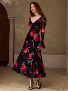 MOTF PREMIUM WOMEN'S ROSE PRINT ELEGANT LONG SLEEVE MIDI-LENGTH DRESS, SUITABLE FOR DATES, SPRING/SUMMER - Multicolor - View 5