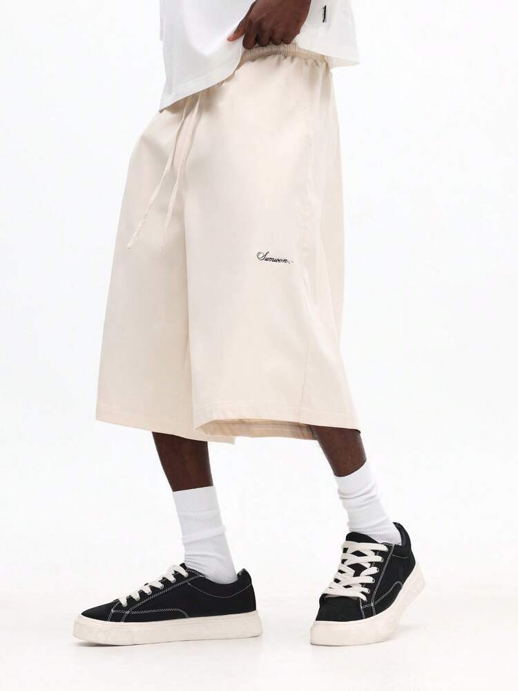 SUMWON Tailored Pull On Drawstring Waist Wide Leg Jorts Relaxed Fit Bermuda Denim Knee Length Summer Casual