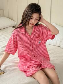 Dazy Kids Tween-Mädchen Pyjama-Set mit gestreiftem Kurzarm-Shirt mit Tasche und Shorts, Sommer - Pink - Übersicht 7