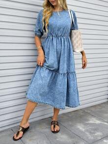 SHEIN Holidaya 女士休闲水洗泡泡袖牛仔连衣裙，夏季