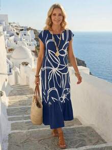 EMERY ROSE Vestido largo de manga corta para mujer con estampado a rayas, unicolor y bajo en la Bottom - Azul Marino - Ver 5