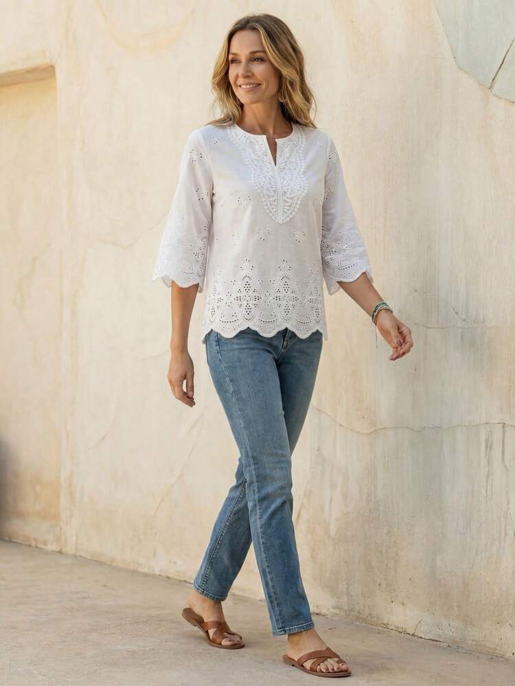 Women's Notched Collar Three-Quarter Sleeve Shirt