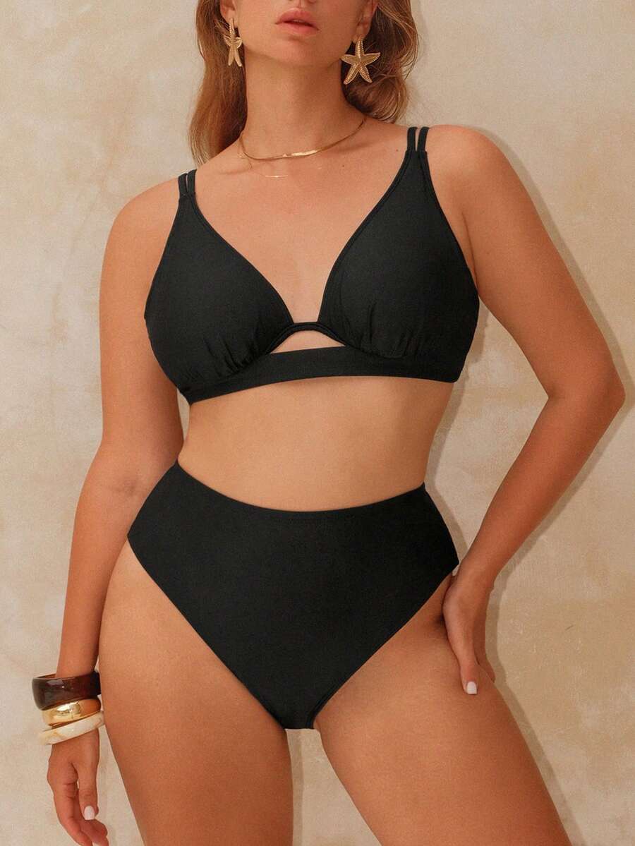 Swim Chiccia 2件套加大码女士纯色亮面吊带三角比基尼套装 - 黑色 - 查看 1