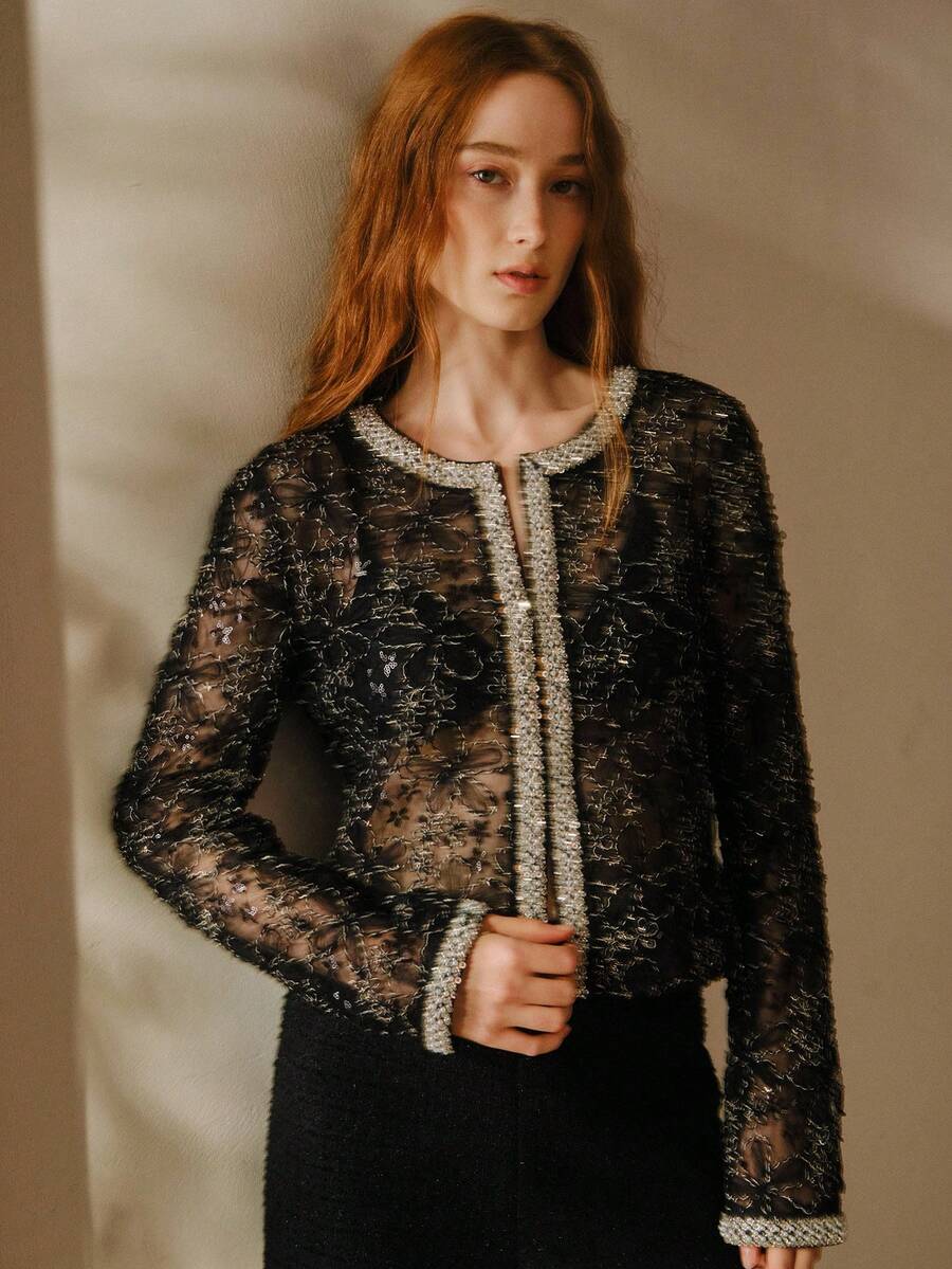 MOTF PREMIUM 优雅 3D 花卉蕾丝撞色亮片透视轻薄西装外套 - 黑色 - 查看 1