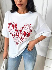EURMUSE Áo thun cotton tay ngắn màu trắng in hình trái tim và nơ đỏ, cổ tròn, dáng rộng thoải mái. - trắng - Xem 5