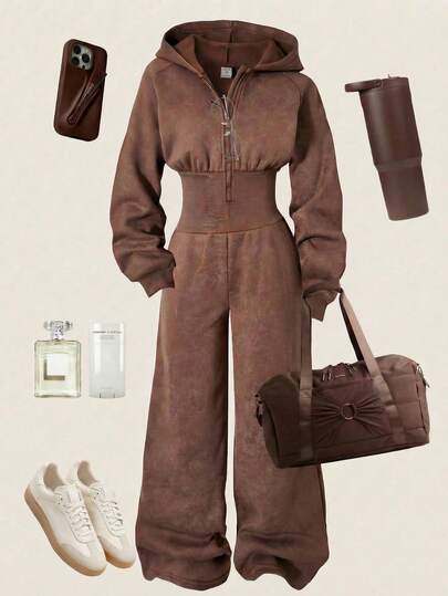 SHEIN ChillGRL Ensemble Sweat-shirt à capuche zippé décontracté blanc et gris pour filles et pantalon de survêtement en polaire taille haute