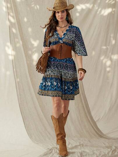 Wildy Vintage Pattern Distressed Casual Mini Dress, Suitable For Daily Wear, Commuting, Spring/Summer