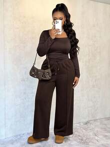 Slaydiva طقم قميص وبنطلون بلون أحادي للمقاسات الكبيرة، كاجوال للخريف/الشتاء - بني - مشاهدة 4