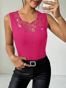 SHEIN Clasi 女士黑色罗纹长袖镶钻修身优雅休闲上衣 - 玫紅色 - 查看 6