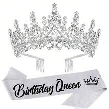 2pcs/Set Birthday Sash Birthday Crown Number Princess Crown Queen Tiara Rhinestone Birthday Headbands Birthday Sash With Pin Happy Birthday Crown And Sash Ribbon For Birthday Party Ball Decoration,Christmas - Multicolor - View 15