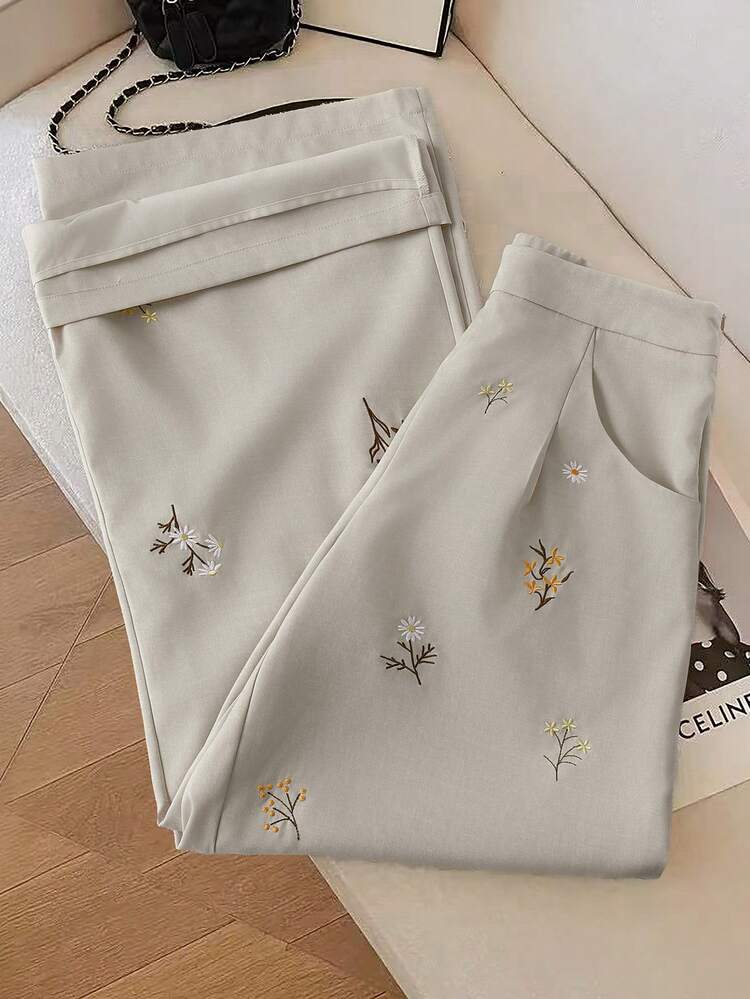Modelyn Pantalones casuales con bolsillos en diagonal y bordado floral para mujer - Caqui - Añade 6