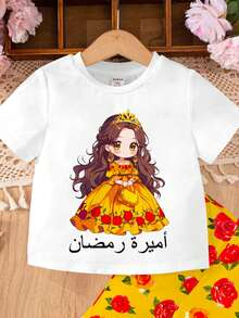 SHEIN White,Summer,Cute,Family Matching Baby Girl Cartoon Princess Print T-Shirt & Rose Flare Pants Set,Short Sleeve Round Neck Top,Casual Outfits,Abaya - Multicolor - View 5