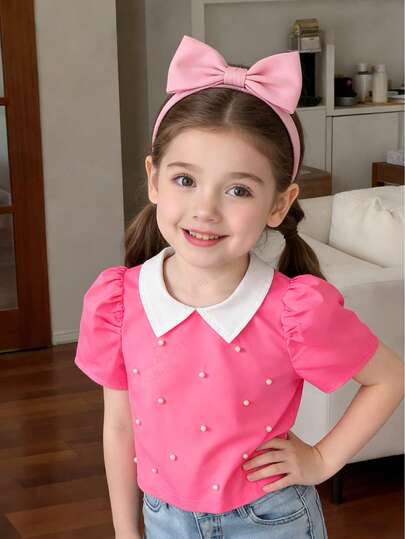 4-7 Years Old Girls' Ladylike White Small Collar Fuchsia Puff Sleeve Beaded Front Blouse, Suitable For Spring/Summer Daily, Outdoor Activities, Casual Outings
