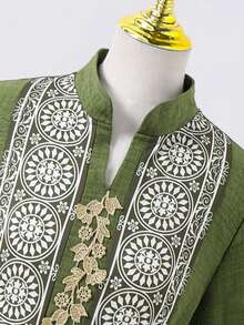 SHEIN 绿色V领金色滚边印花连衣裙，优雅百搭的简约时尚，适合家庭聚会、度假、春夏秋季穿着。 - 軍綠色 - 查看 4