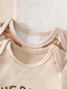 2pcs/Set Newborn Baby Romper, Cute Cartoon Bear Print All-Over Print Jumpsuit With Embroidered Bear, Long Sleeve Footed Pants, Infant Pajamas - Khaki - View 3