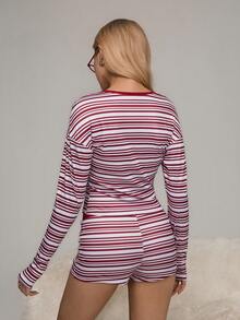 HautHeat 女士圆领落肩长袖纽扣条纹休闲睡衣套装 - 酒紅色 - 查看 2