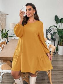 SHEIN Essnce Đầm kaki dài tay dáng rộng thoải mái dành cho nữ cỡ lớn mùa thu đông, đầm ngắn mùa thu, trang phục nữ mùa thu, trang phục công sở, đầm đi làm, đầm dự tiệc, đồng phục giáo viên, đầm dành cho người có thân hình đầy đặn. - Màu vàng - Xem 4