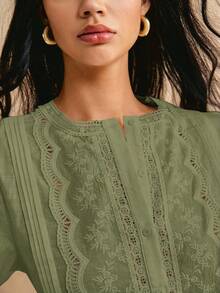 Poéselle Women's Fashionable Elegant Embroidered Button Long Sleeve Shirt - Green - View 6