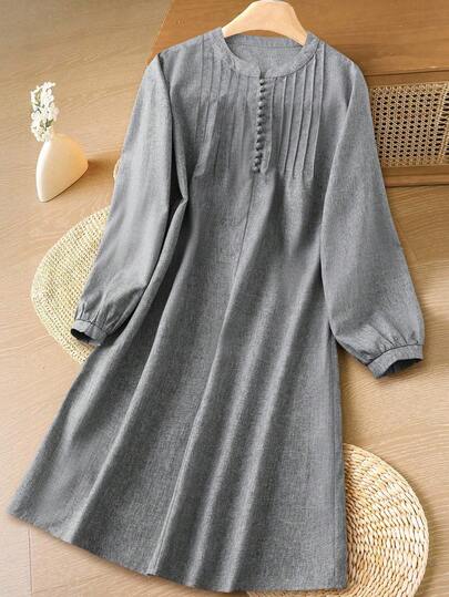 Rusticease 女士纯色圆领长袖百褶时尚宽松休闲迷你连衣裙