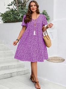 EMERY ROSE Plus Size Women's Summer Ditsy Floral Ruffle Sleeve Holiday Dress, Summer Dresses - Mauve Purple - View 5