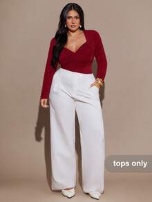 SHEIN BAE Plus Size Women's Black Long Sleeve Crossover Neck Ruched Bodysuit - Burgundy - View 4