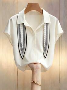 Franclia Blusa de gasa con cuello en V y estampado de murciélago, casual y versátil, color beige, manga corta, corte holgado, adecuada para primavera/verano - Caqui - Ver 3