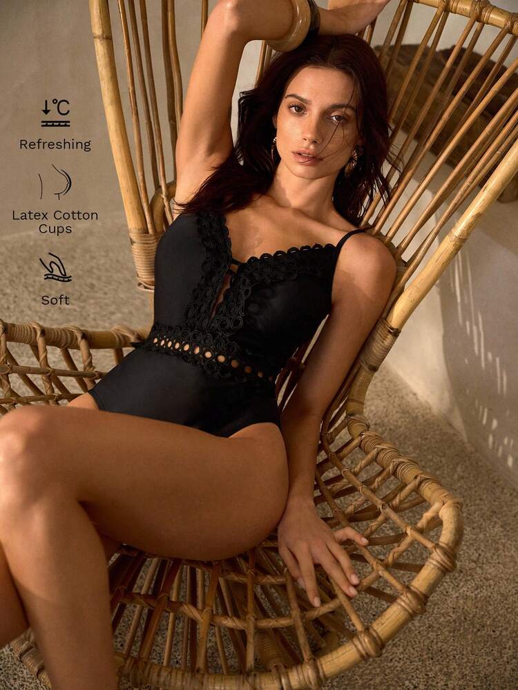 DELICATE GUIPURE LACE PATCHWORK HOLLOW OUT SPAGHETTI STRAP BACKLESS ONE-PIECE SWIMSUIT FOR VACATION