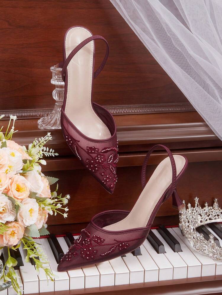 CUCCOO HITCHD Women's New Embroidered Lace Pointed Toe Elegant Champagne Mesh High Heels, Bridal Shoes For Romantic Date, Wedding, Banquet Valentine's Day Wedding Shoes Summer Shoes Bride Shoes
