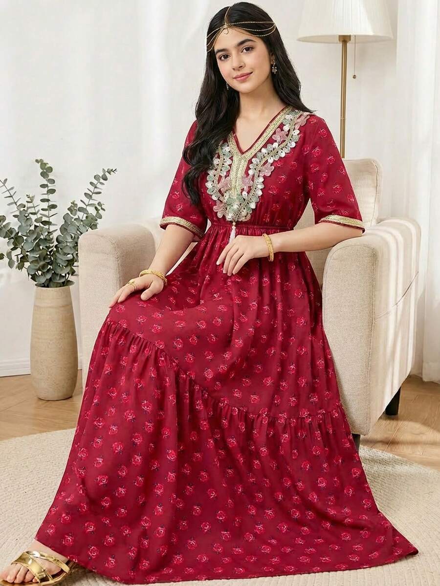 SHEIN Váy đi biển tua rua tròn, hoa cổ áo tương phản màu đỏ tía và đỏ tía cho bé gái tuổi teen, hoa cổ áo màu vàng - Đỏ - Xem 1