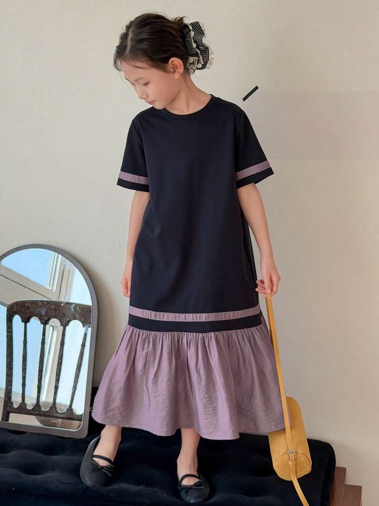 Tween Girls Colorblock Round Neck Mid-Length Short Sleeve Dress Summer