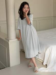 DAZY 少女条纹圆领短袖针织睡衣家居服夏季 - 灰色 - 查看 1