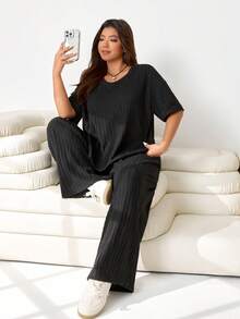 Solflare Plus Size Women's Casual Everyday Commute Simple Solid Color Ribbed Knit Short Sleeve Top And Wide Leg Pants 2 Pieces Set, Spring/Summer/Autumn - Black - View 5